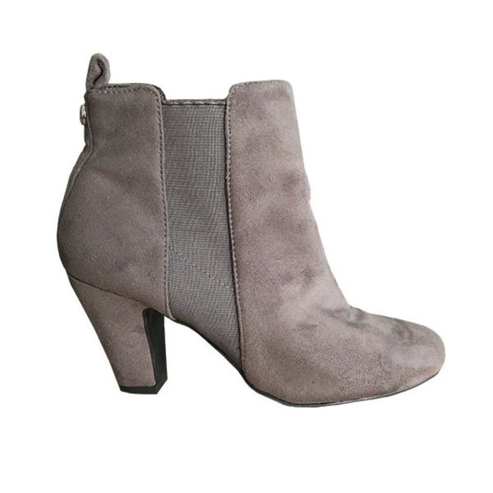 BCBG Microsuede Grey Pull-On Heeled Booties